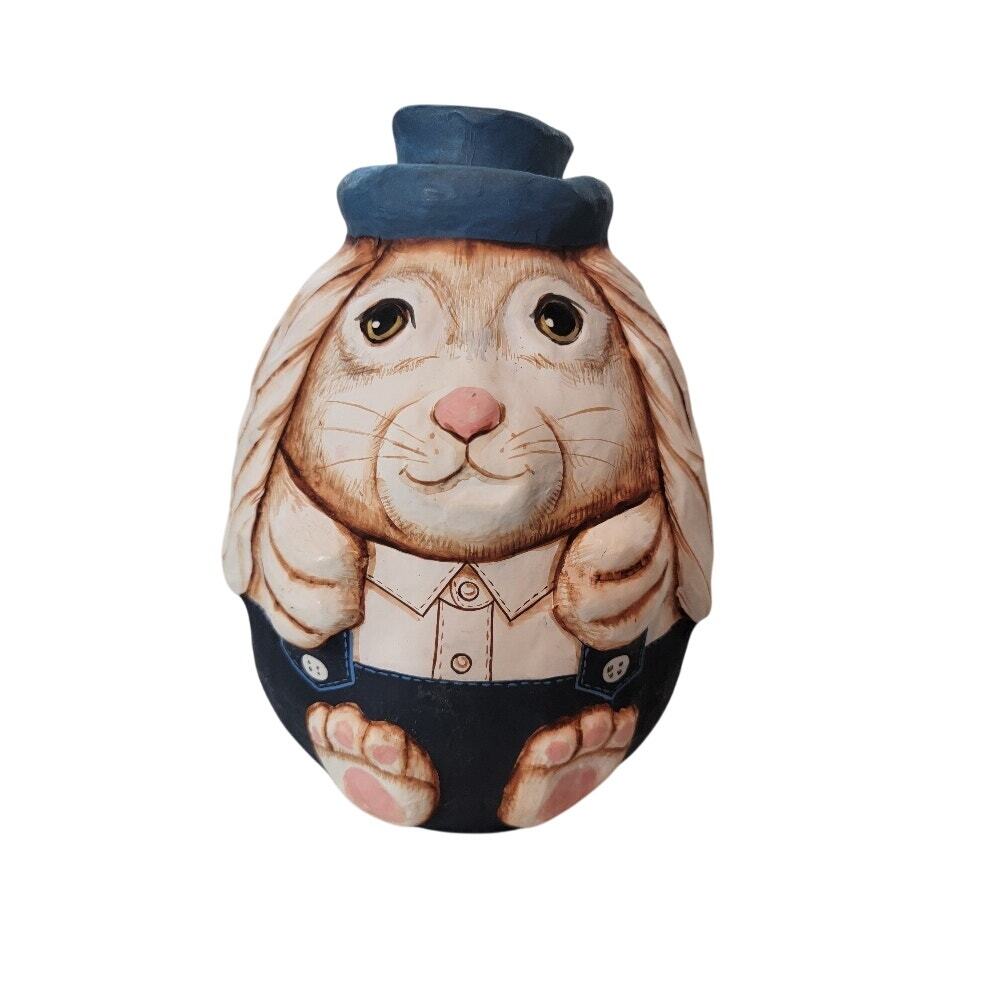 Bunny Rabbit Papier Mache Sculpture vHand-Crafted Lightweight Blue White‎